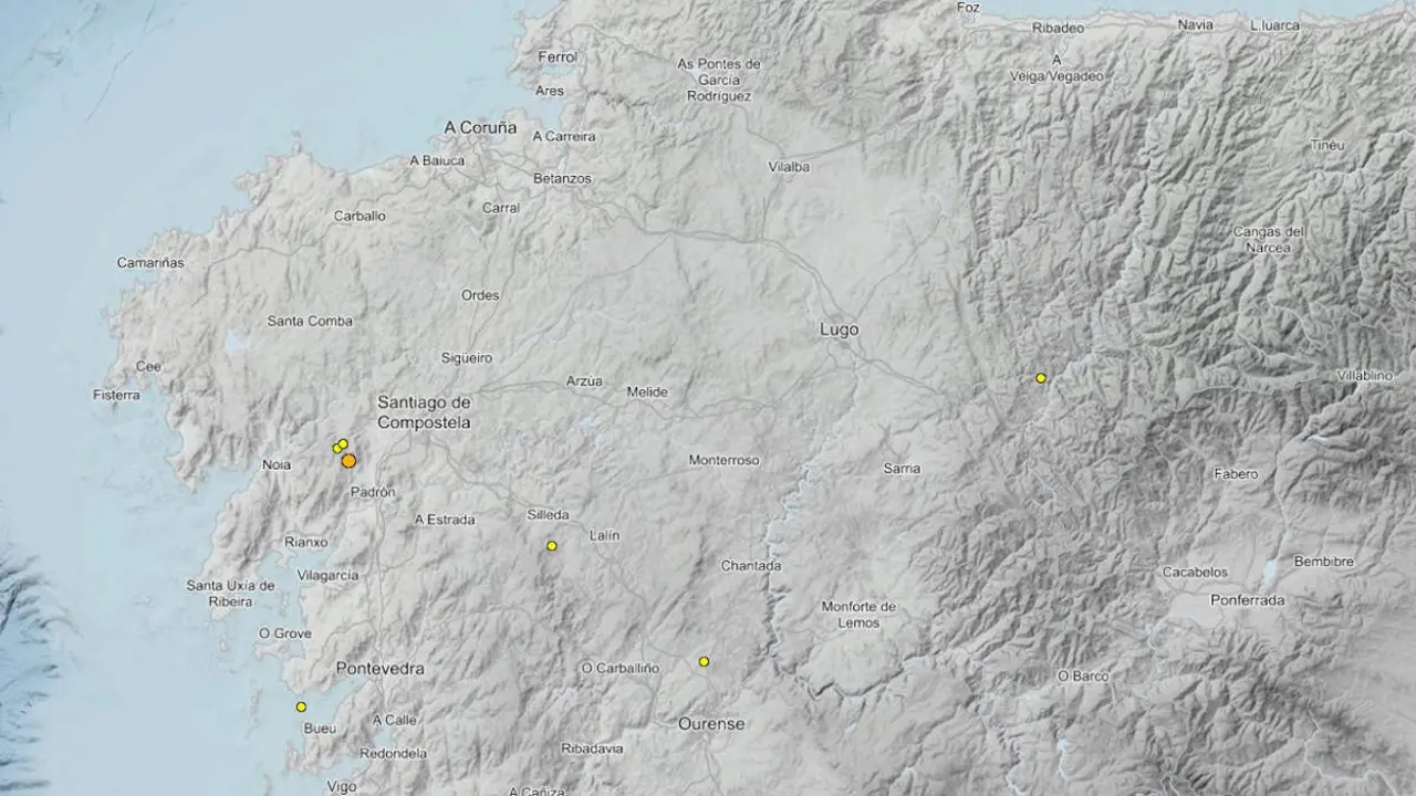 Localizaciones de los terremotos registrados en Galicia en la &uacute;ltima semana. EP