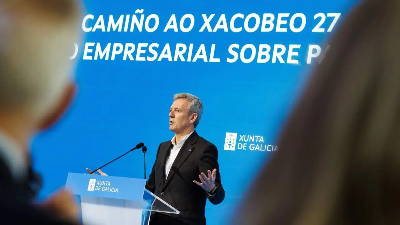 Alfonso Rueda encabez&oacute; en la Cidade da Cultura el acto sobre los patrocinios del Xacobeo 2027. DAVID CABEZ&Oacute;N