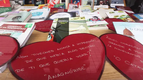 Os libros de Mar&iacute;a Victoria Moreno, no escaparate dunha librer&iacute;a. DAVID FREIRE