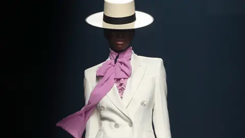 A model wears at collection runway a creation from Pertegaz during Pasarela Cibeles Fashion Week Madrid 2020 in Madrid on Friday, 11 september 2020.