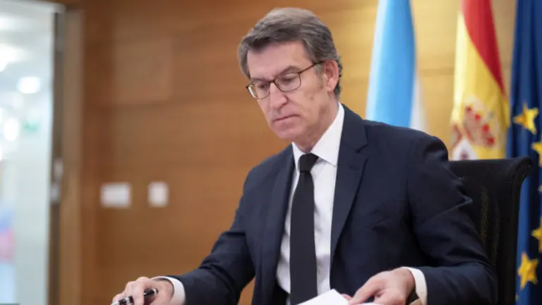 Alberto Núñez Feijóo, durante a videoconferencia co presidente do Goberno, Pedro Sánchez. EFE