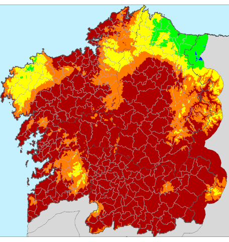 Mapa do índice de risco diario de incendio (IRDI) deste domingo elaborado pola Consellería do Medio Rural. XUNTA