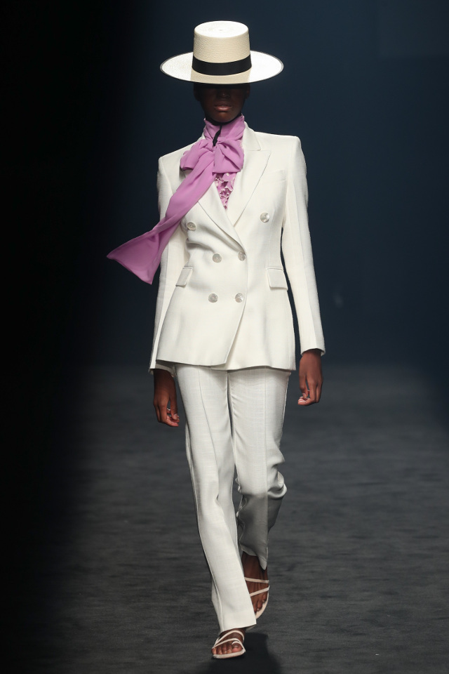 A model wears at collection runway a creation from Pertegaz during Pasarela Cibeles Fashion Week Madrid 2020 in Madrid on Friday, 11 september 2020.