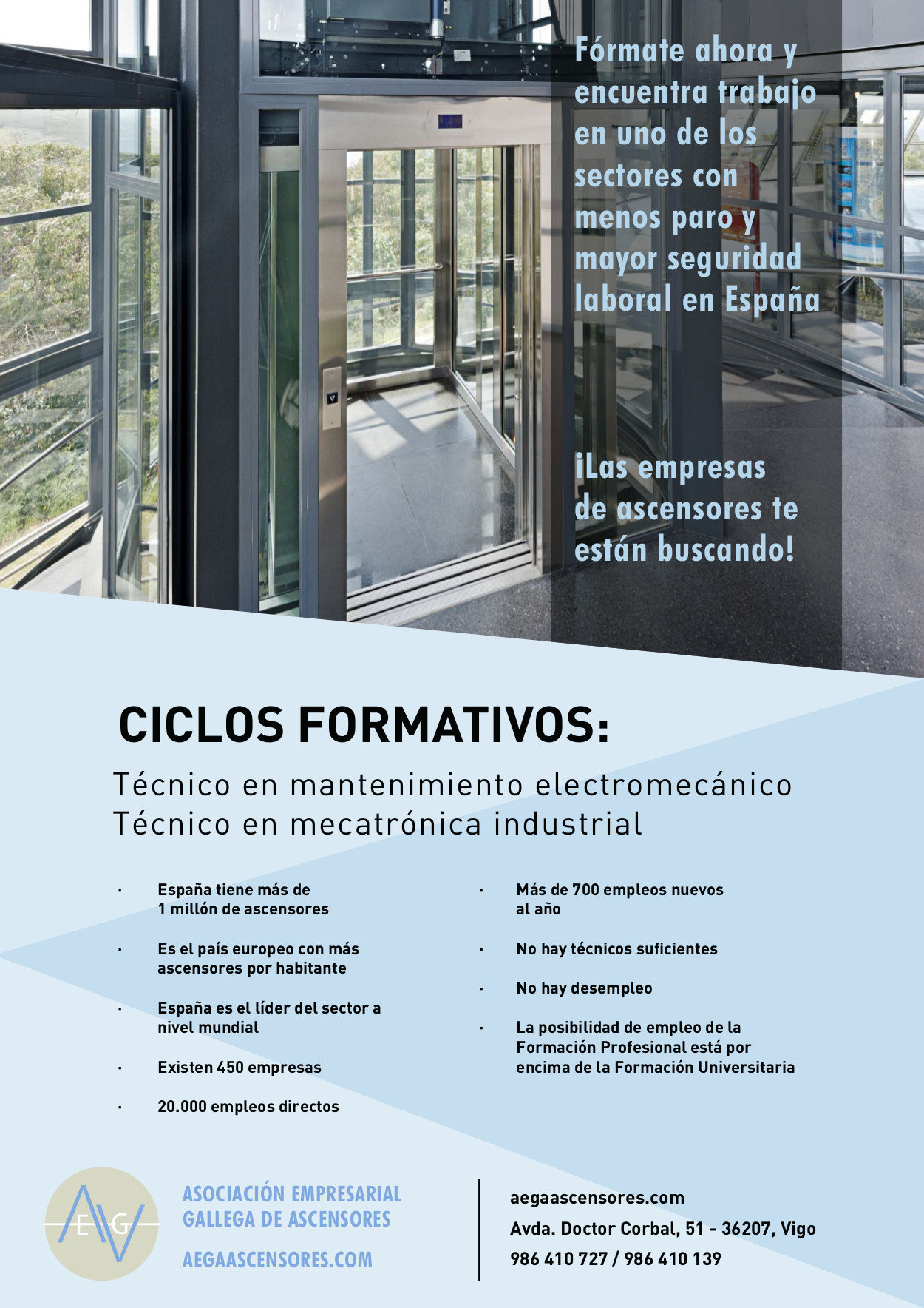 Cartel que la patronal gallega de ascensores Aega repartirá a partir de septiembre en los institutos de FP. EP