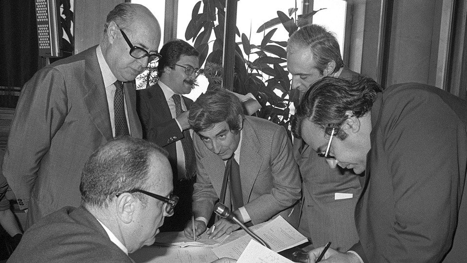 Manuel Fraga, Laureano López Rodó, Gabriel Cisneros, José Pedro Pérez Llorca y Gregorio Peces Barba. EFE