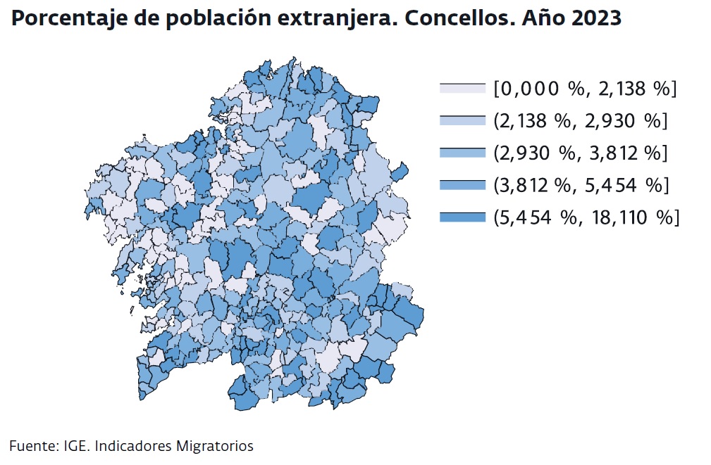 Porcentaje de población extranjera por concellos en 2023