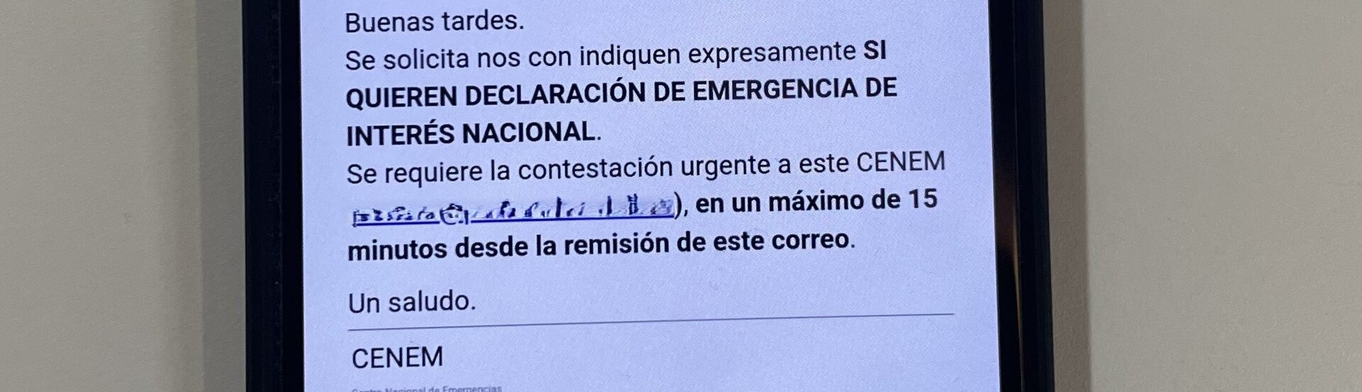 El mensaje remitido por el Cenem a la Xunta a las 20.54 de este lunes.EP