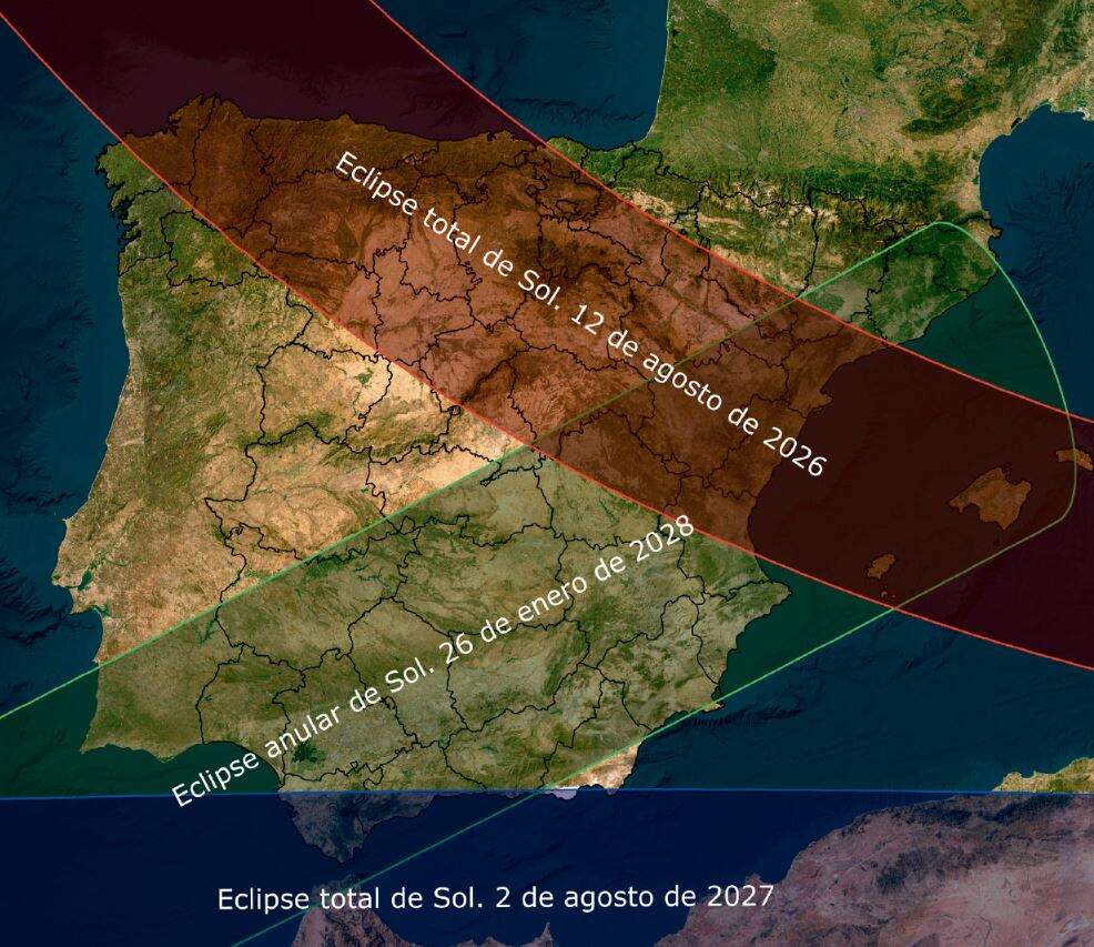 Los tres eclipses y sus zonas de totalidad. IGN